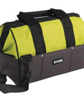 Top Notch 18 Volt Power Tool Combo Kit Featuring A Killer Impact Drill Driver And Smooth Cordless Jigsaw With Two Heavy Duty Battery Packs Fast Charger Plus Six Tough Saw Blades In A Rock Solid Carry Case featuring a durable yellow and black tool bag with shoulder strap.