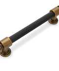 Five Inch Knurled Cabinet Pulls In Black And Antique Brass, close-up view, drawer pull with knurled texture and brass ends.