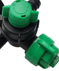 Close-up of Wide Angle Garden Sprinkler Nozzle With Triple Rotating Fan Head Easy Adjustable Watering Spray, green valve, PP material