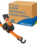 Heavy Duty Retractable Tie Down Straps Bulk 640 Count Two Pallets With Zinc Coated S Hooks And Steel Ratchet Lock, 2x10' size.