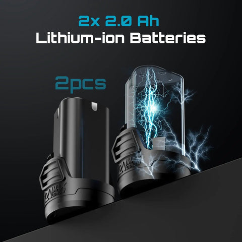 Two-pack 2x 2.0 Ah lithium-ion batteries for Extended Cordless Electric Ratchet Wrench with power lightning effect.