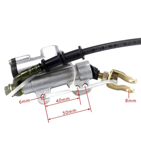 Close-up of hydraulic brake caliper component for upgraded 29 inch go-kart rear axle kit with 4.10-6 front and rear tires.