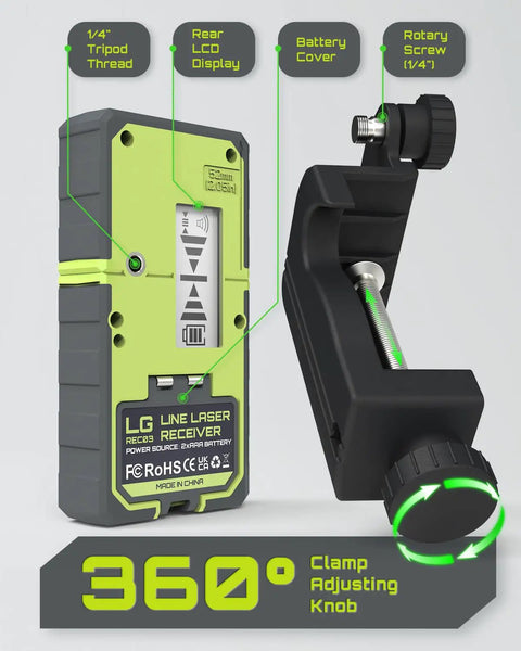 Laser Detector for Line Lasers With Pulse Mode, Dual LCD Display, Backlit Readout, 164 Ft Range, Adjustable Speaker, Bubble Level, Clamp Included, Ideal for Laser Level Calibration with clamp adjusting knob