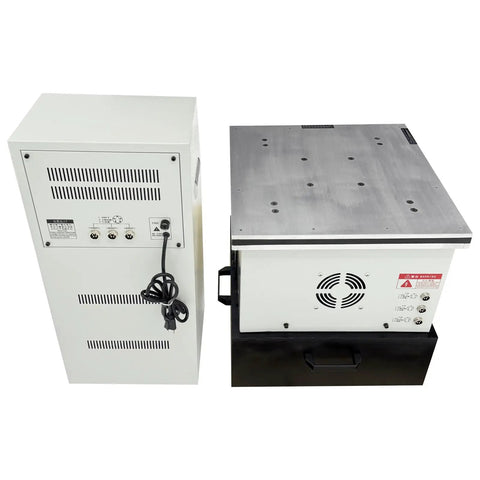 Triple Axis Vibration Test Bench With 132 Lb Load Capacity One To Four Hundred Hz Variable Frequency Vibrometer Analyzer One Point Five KW Motor back view with control unit and metal test table