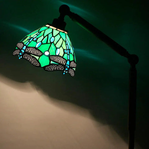 Tiffany Style Floor Lamp With Swivel Arm Stained Glass Dragonfly Green Reading Light 72 Inch Tall Torch Lamp Adjustable Angle