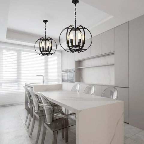 Black Globe Pendant Lights With Six Lights, Adjustable Ceiling Hanging Chandeliers in modern kitchen interior
