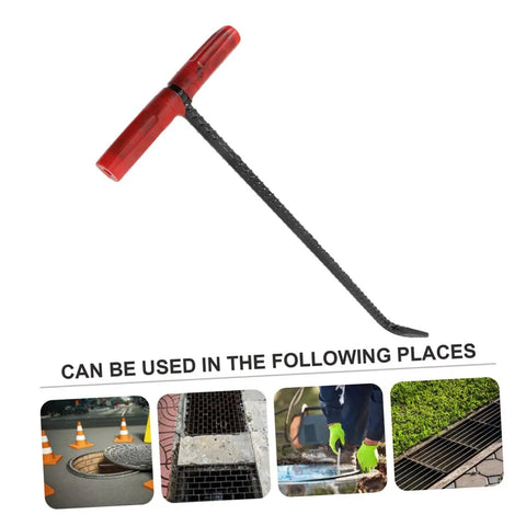 Rock Solid T Shaped Manhole Cover Lifter Hook Forged From Reinforced Steel Rod with T handle, used in urban settings.