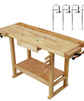 Rock Solid 55 Inch Rubber Wood Workbench For Garage And Workshop with four clamps, ideal for DIY sewing and welding projects.