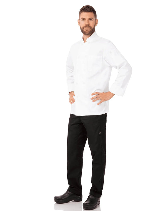 Le Mans Chef Coat for Men White Large with Easy Movement Fit Flexible Chest and Sleeve Cut Durable Polyester Cotton Blend Reinforced Seams