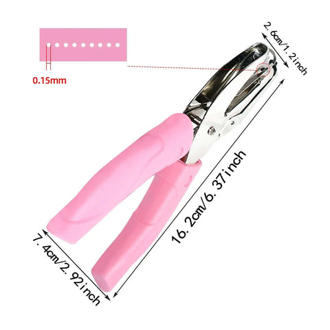 Portable Circle Hole Punch Tool For Craft Paper And Scrapbooking with pink soft grip, showing dimensions and 1/16 inch punch size.