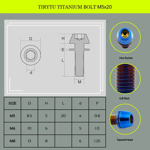 M5x20 Titanium Bolts With Washers In Burnt Blue Finish six piece kit with dimensions and hex socket details.