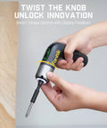 Hand holding cordless electric screwdriver with 7 torque settings adjustable 0.5 to 6 Nm for precise electronics and home DIY tasks.