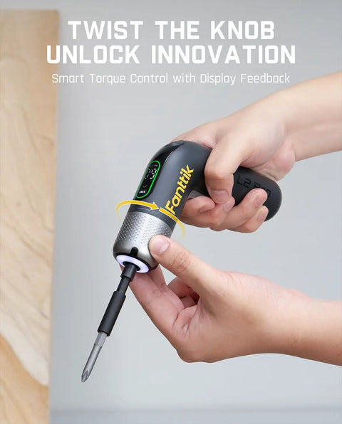 Hand holding cordless electric screwdriver with 7 torque settings adjustable 0.5 to 6 Nm for precise electronics and home DIY tasks.