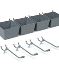 Pegboard Bins and Hooks Set Four Pack Open Front Small Parts Organizer for Screws Nails Nuts Bolts Tools with Two Inch Hooks
