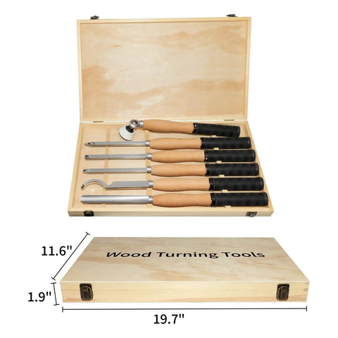 All In One 6 Piece Wood Lathe Turning Tools Set With Rubber Handles Carbide Tipped Tools In Four Profiles open wooden box