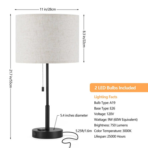 Dual USB Table Lamp Set Of 2 With Built-In 3-Prong Outlet, dimensions and features, modern design with USB charging and outlet.