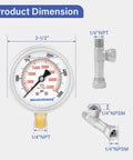 Spraying Pressure Gauge Assembly Compatible With Airless Sprayers Pro Grade High Pressure Fluid Gauge With Tee Fitting One Quarter Inch NPT Threads 0 To 5000 PSI Glycerin Filled, product dimensions