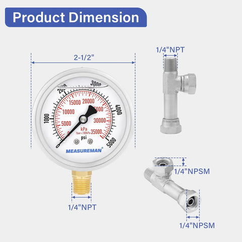 Spraying Pressure Gauge Assembly Compatible With Airless Sprayers Pro Grade High Pressure Fluid Gauge With Tee Fitting One Quarter Inch NPT Threads 0 To 5000 PSI Glycerin Filled, product dimensions