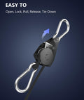Close-up of carabiner hook on Beefy Heavy Duty Retractable Ratchet Tie Down Straps 4 Pack 8 Ft Each 75 Lb Capacity for tying down items