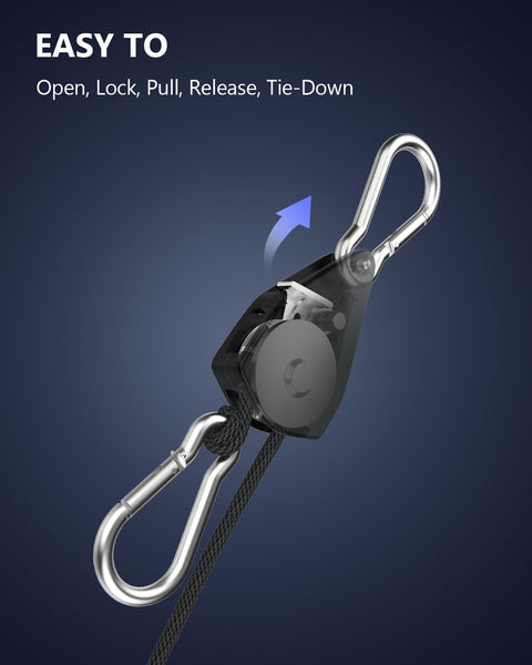 Close-up of carabiner hook on Beefy Heavy Duty Retractable Ratchet Tie Down Straps 4 Pack 8 Ft Each 75 Lb Capacity for tying down items