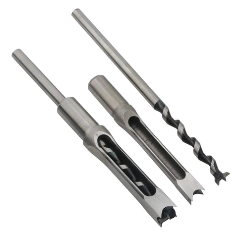 Pro Grade Three Piece Woodworking Square Hole Drill Bit Set With Mortising Chisels And Countersink Bits, High Carbon Steel, shown