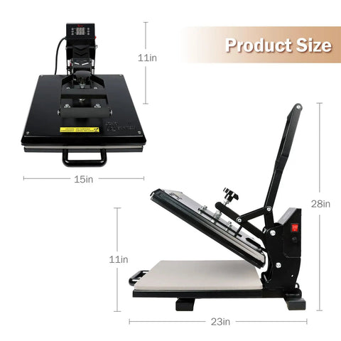 15x15 Inch Digital Sublimation Heat Press Machine Industrial Grade T Shirt Printer 1400W with dimensions shown.