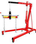 Heavy Duty Hydraulic Engine Hoist And Folding Cherry Picker With Six Swivel Wheels, Straight Up 4400 Lb Portable Crane in red color.
