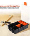 Open two layer plastic tools organizer box for garage and workshop, heavy duty small parts storage case with compartments shown