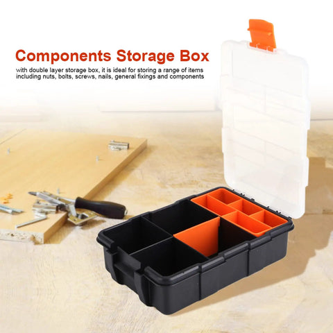 Open two layer plastic tools organizer box for garage and workshop, heavy duty small parts storage case with compartments shown