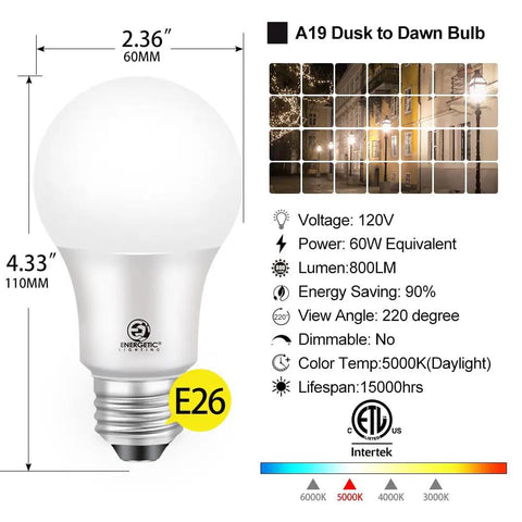 4 Pack Dusk To Dawn LED Bulbs For Outdoor Use 60W Equivalent 6W 800 Lumens 5000K Daylight E26 Base with packaging details