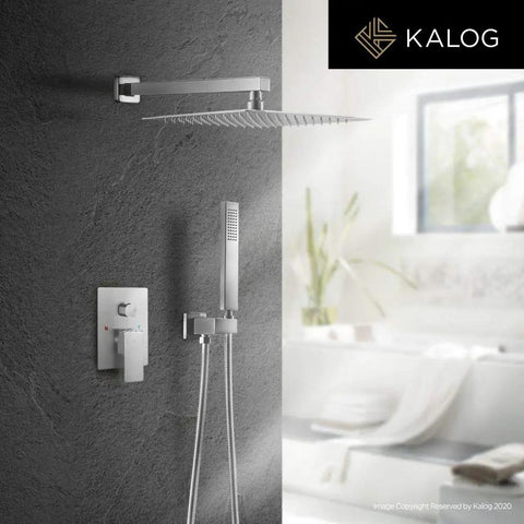 Brushed Nickel Rain Shower System With Jets And Handheld Sprayer on Dark Wall, Featuring 12 Inch Overhead Rain Head, Modern Bathroom