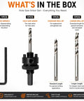 Heavy Duty Bimetal Hole Saw Arbor Mandrel With Rock Solid 3/8 Inch Hex Shank Adapter components including arbor, drill bits, wrench.