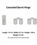 Slick Concealed Barrel Hinge in Gold Zinc Alloy Finish for Jewelry Boxes and Cabinets, hidden pivot hardware dimensions shown.