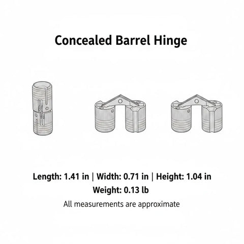 Slick Concealed Barrel Hinge in Gold Zinc Alloy Finish for Jewelry Boxes and Cabinets, hidden pivot hardware dimensions shown.