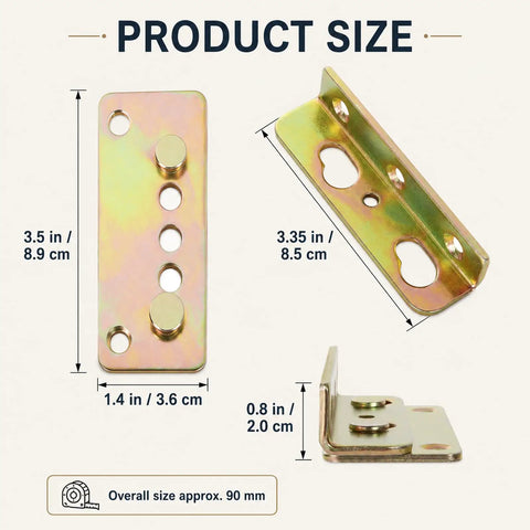Heavy Duty Bed Rail Brackets Kit For Wood Frames, Rust Proof Steel Fittings And Plates, size and dimensions of hardware pieces.