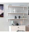 Heavy Duty Wall Mounted Metal Shelf Brackets Flat Out Reliable Furniture Supports Rust Proof Water Resistant Build Set Of Two showcasing white shelves with decor.