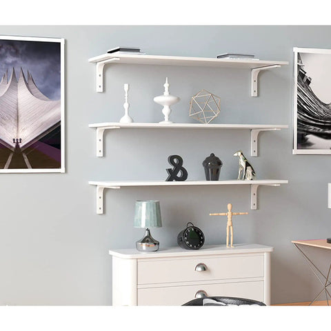 Heavy Duty Wall Mounted Metal Shelf Brackets Flat Out Reliable Furniture Supports Rust Proof Water Resistant Build Set Of Two showcasing white shelves with decor.