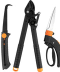 Heavy Duty Three Piece Garden Tool Set With Lopper, Hedge Shears And Pruning Saw For Tree Branches, Hedges, Backyard And Fruit Trees, Carbon Steel Blades For Durable, Sharp Cuts Pro Grade, showing tools on white background