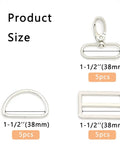 15 Piece Top Shelf Metal Swivel Snap Hooks And D Rings With Tri Glide Slide Buckles For Lanyard Purse Bag Straps And Dog Collars Straight Up Diy Sewing Hardware Kit In Smooth Silver showing hooks and buckles in various sizes.