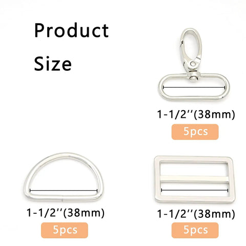 15 Piece Top Shelf Metal Swivel Snap Hooks And D Rings With Tri Glide Slide Buckles For Lanyard Purse Bag Straps And Dog Collars Straight Up Diy Sewing Hardware Kit In Smooth Silver showing hooks and buckles in various sizes.