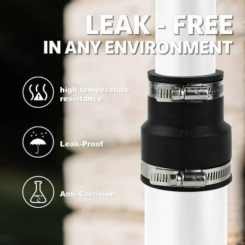 Flexible Rubber Pipe Coupling With Stainless Steel Clamps 1-1/2 Inch To 1-1/4 Inch Universal Connector For Cast Iron PVC ABS Copper And Steel Pipes DIY Friendly Easy Install For Home Or Municipal Sewer Projects installed on white pipe