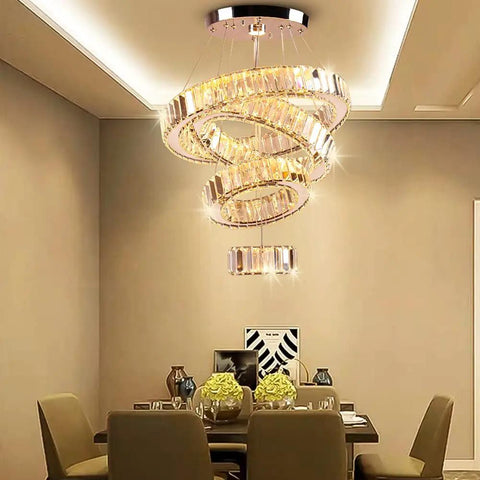 Four Ring Crystal LED Chandelier Pendant Light With Warm White 3000K in modern dining room setting