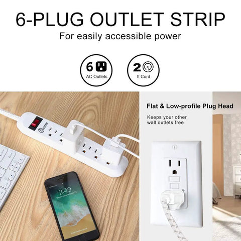 Power Strip Surge Protector With Six Outlets And A Two Foot Braided Fabric Extension Cord 300 Joules Wall Mounted Overload Protection