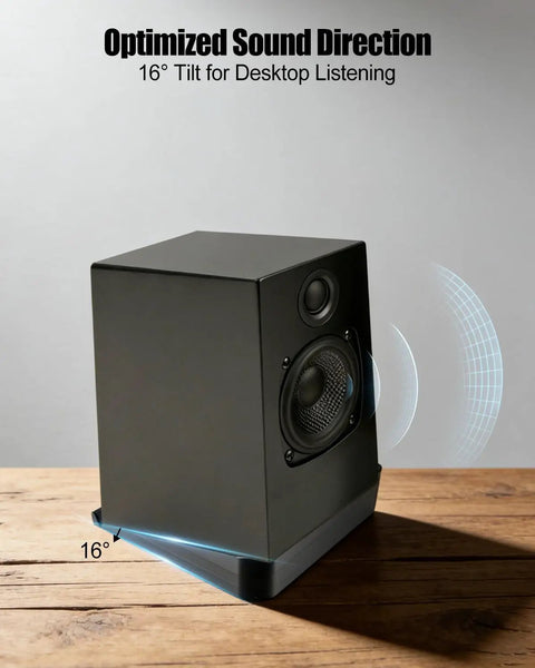 Desk Speaker Stands With 16 Degree Tilt, Wedge Riser And Anti Vibration Foam For Clear Nearfield Listening, black speaker on stand