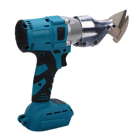Brushless Electric Metal Shear With 360 Rotating Head And Variable Speed. Cordless metal cutter showcasing ergonomic handle and blade.