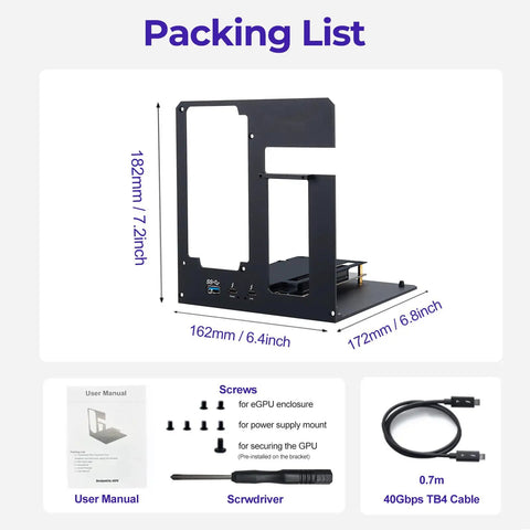 Packing list image for Kickass External Egpu Dock, showing dimensions, user manual, screws, and TB4 cable details.