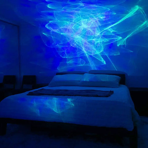 Bedroom illuminated by Ark Lite LED Aurora Projector with Laser Nebula and Galaxy Lighting for Game Rooms Night Light and Mood Lamp