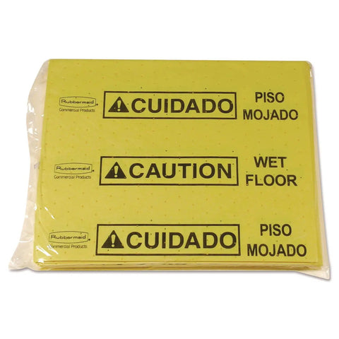 Yellow Spill Pad Refills For Water And Oil Absorbent Mats Medium Tear Off Pads with caution labels in packaging