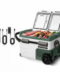 Dual Zone 39 Quart 12 Volt Portable Car Refrigerator With Independent Temp Control, open with meats and skewers inside.