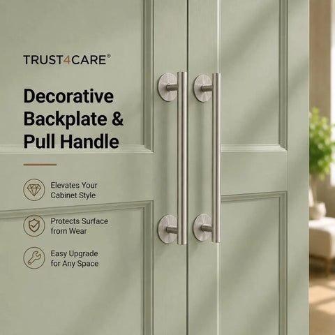 Top Shelf Two Pack Brushed Nickel Bifold Closet Door Knob Backplates Hella Tough Die Cast Zinc Escutcheon Plates on cabinet doors.
